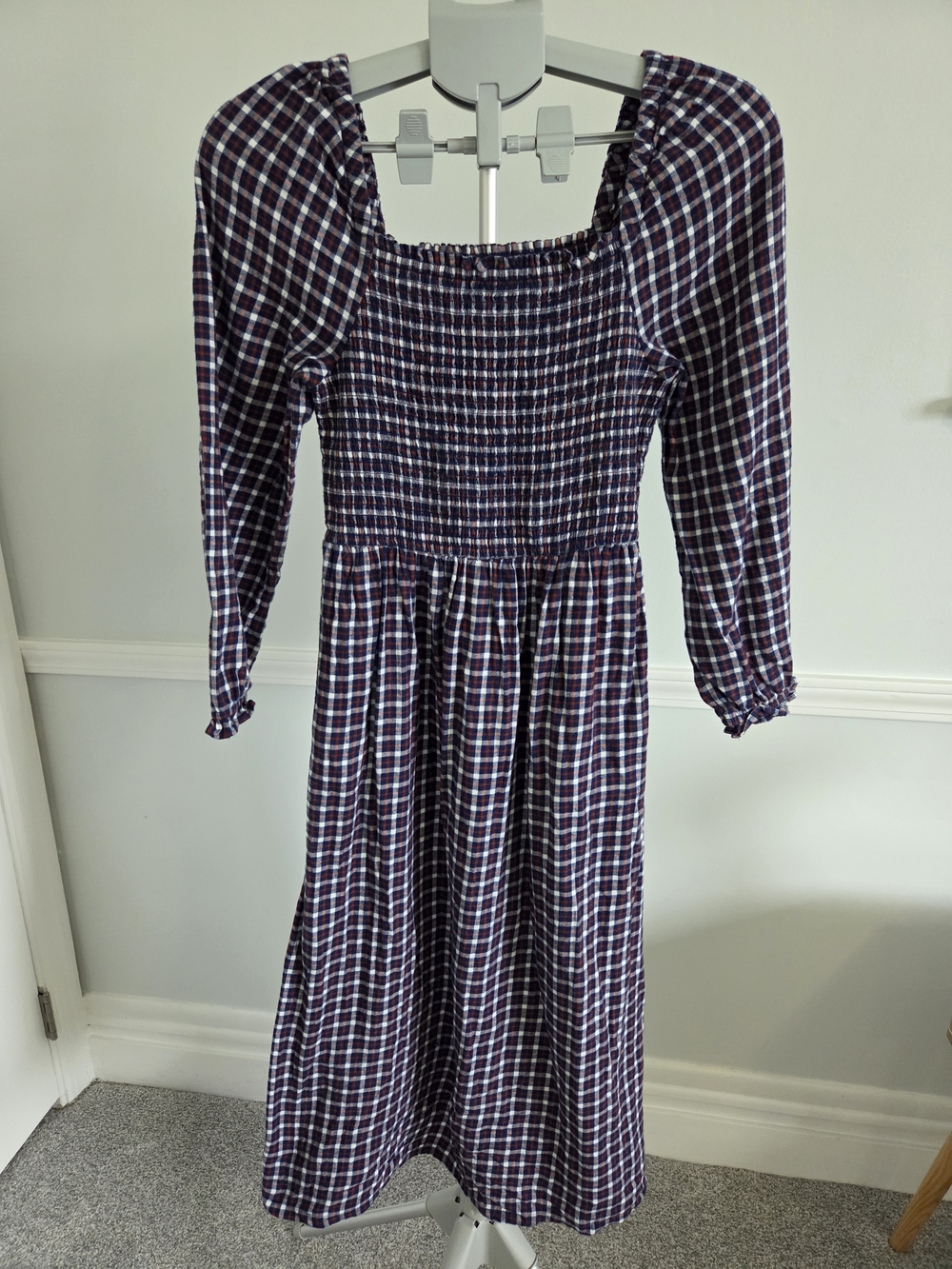 J. Crew Plaid Smocked Midi Dress Navy, Red, White